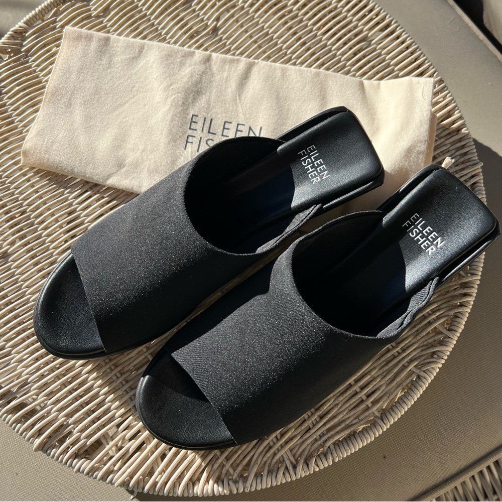 Eileen Fisher Black Platform Slide Mules Sandals Sz  8 Nylon Up, Wood Heel